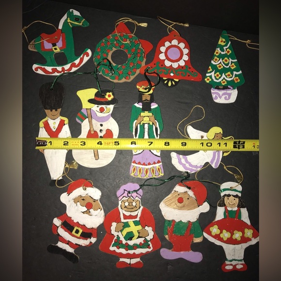 12 Vintage Flat Wooden Christmas Ornaments Hand Painted Double Sided - Picture 9 of 11